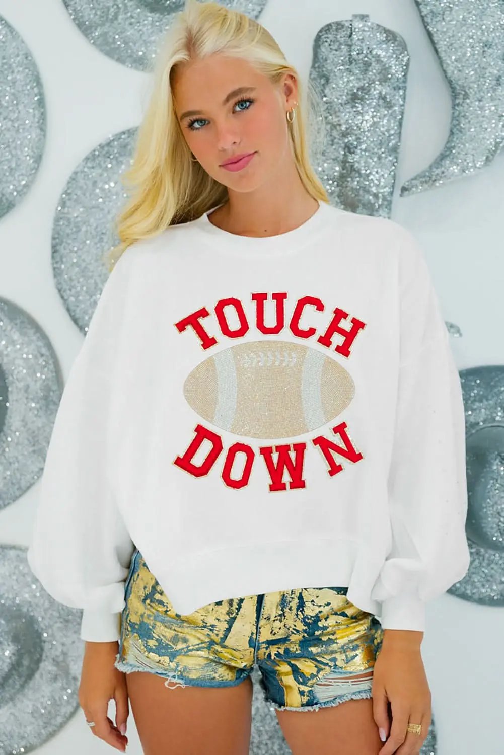 White TOUCH DOWN Football Graphic Pullover Sweatshirt - Love Salve